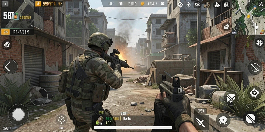 Tampilan dinamis gameplay 55RT dalam pertempuran TPS.