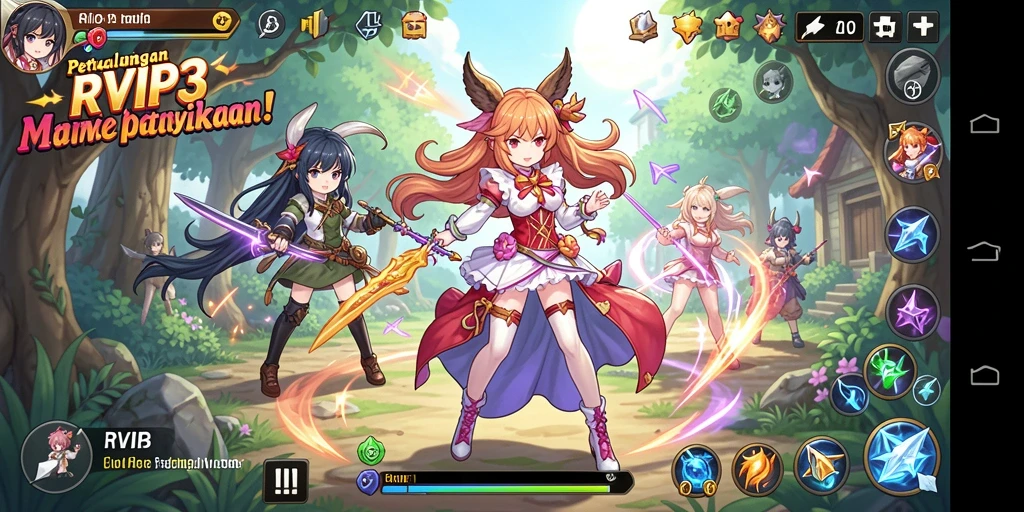 Tangkapan layar gameplay RVIP3 menampilkan karakter Anime dalam aksi ceria.