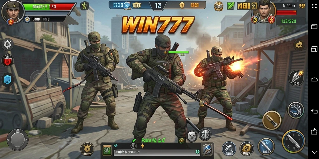 Tangkapan layar gameplay WIN777 menampilkan serangan menara melawan gelombang musuh.